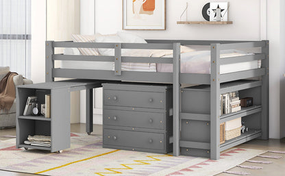 Low Study Full Loft Bed with Cabinet Shelves and Rolling Portable Desk Multiple Functions Bed- Gray