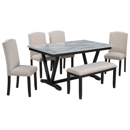 TREXM Modern Style 6-piece Dining Table with 4 Chairs & 1 Bench (White)