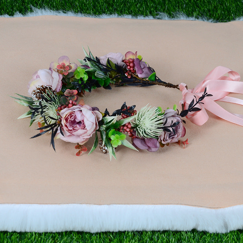 Vintage flower wreath autumn pine cone handmade simulation flower bridal hair accessory Hanfu headwear female