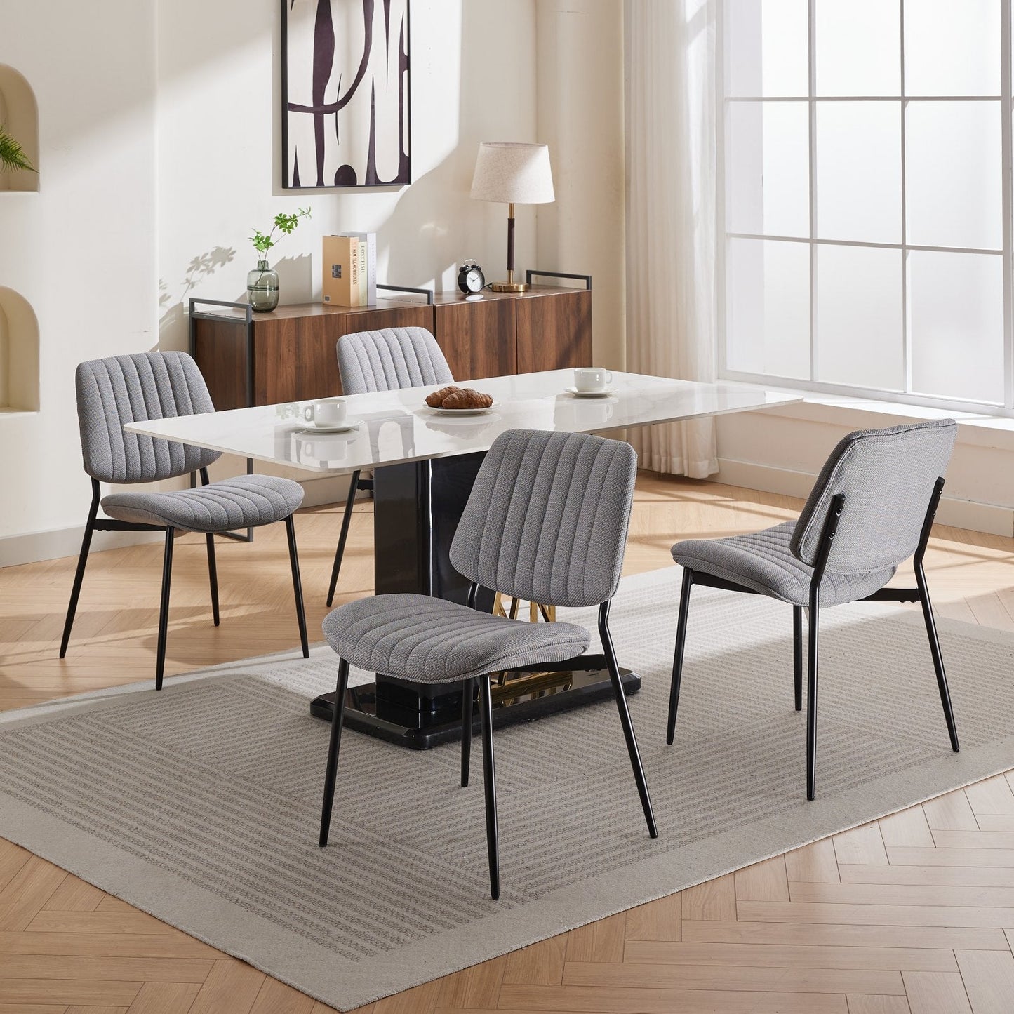 2-piece retro linen chair set with curved wooden backrest, cushioned seat, adjustable metal legs, (gray linen)
