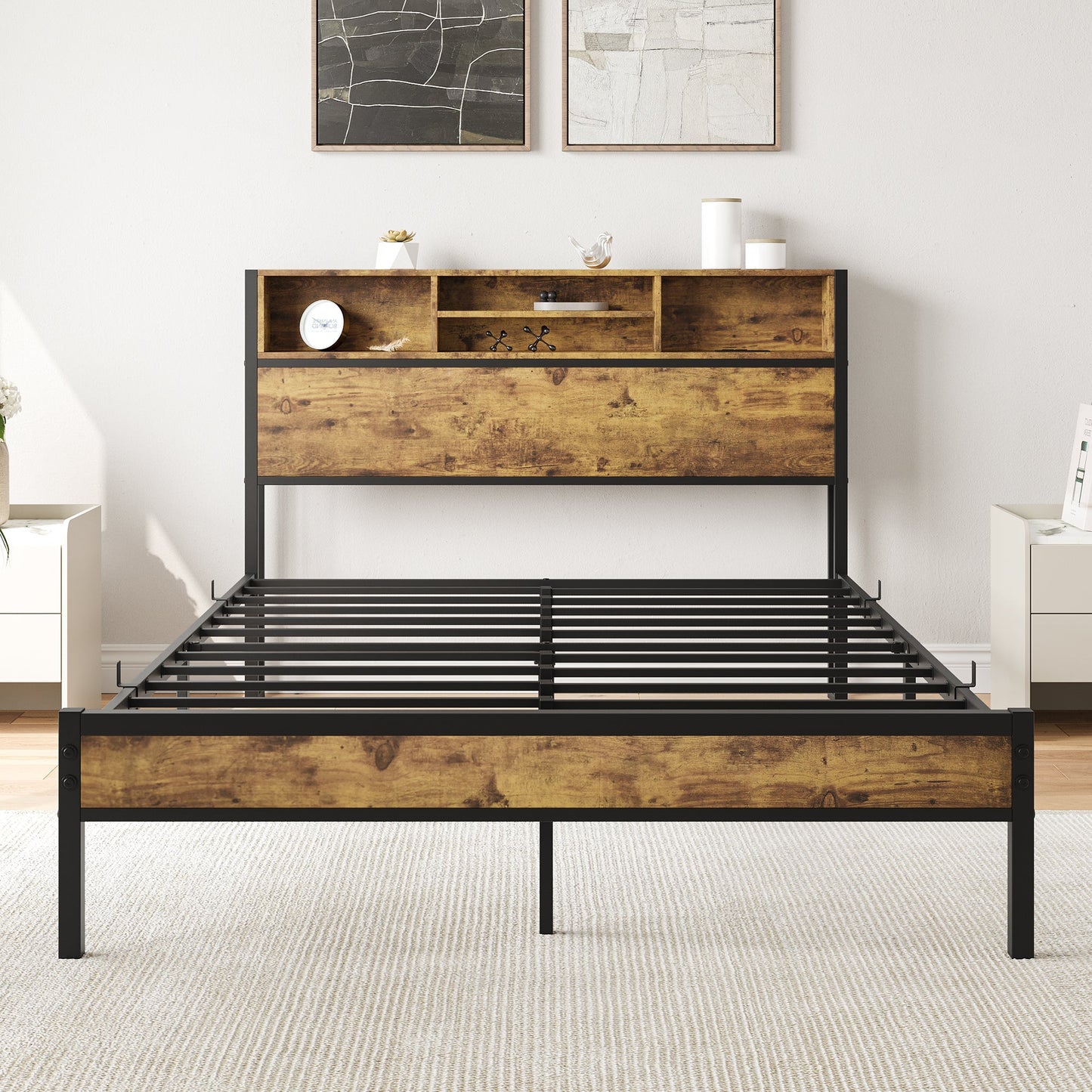 Full Size Bed Frame with Storage Headboard Metal Platform Bed with Charging Station Black