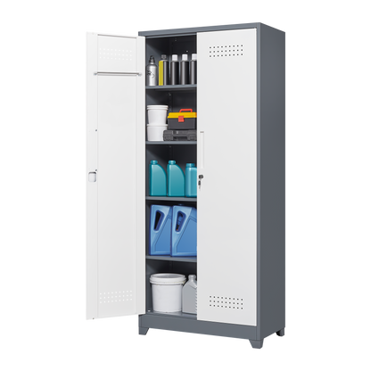 Metal storage cabinets, lockable cleaning tool cabinets, high broom tool organizers, and large storage cabinets in storage store
