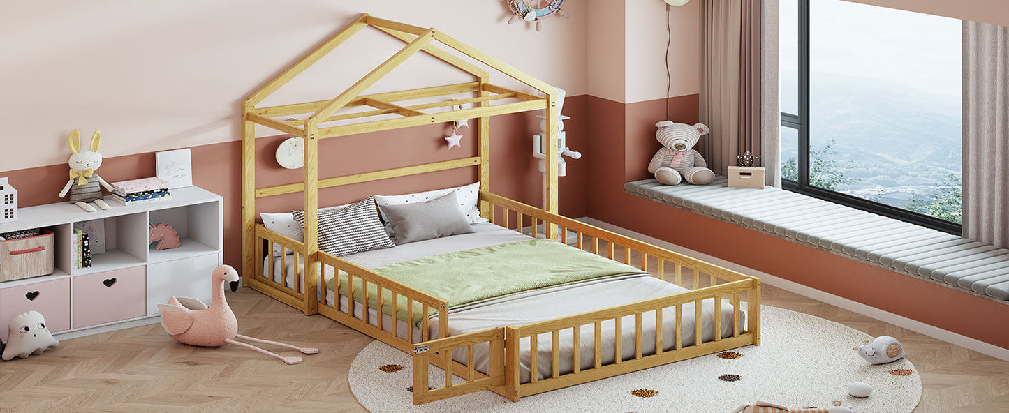 Wooden Full Size Children's Bed with Detachable Headboard and Integrated Clothes Drying Rack, Natural