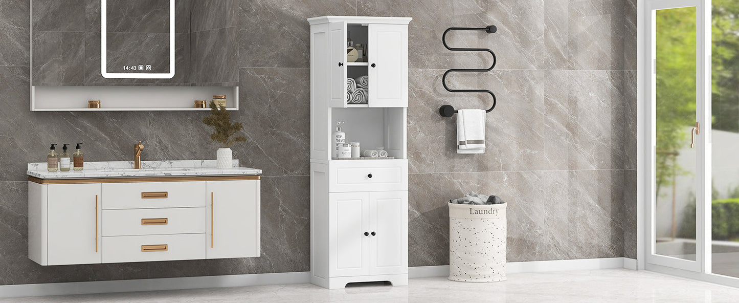 Tall Bathroom Cabinet with Four Doors, Large Storage Space Open Shelve, Upper Storage Cabinet, Whit
