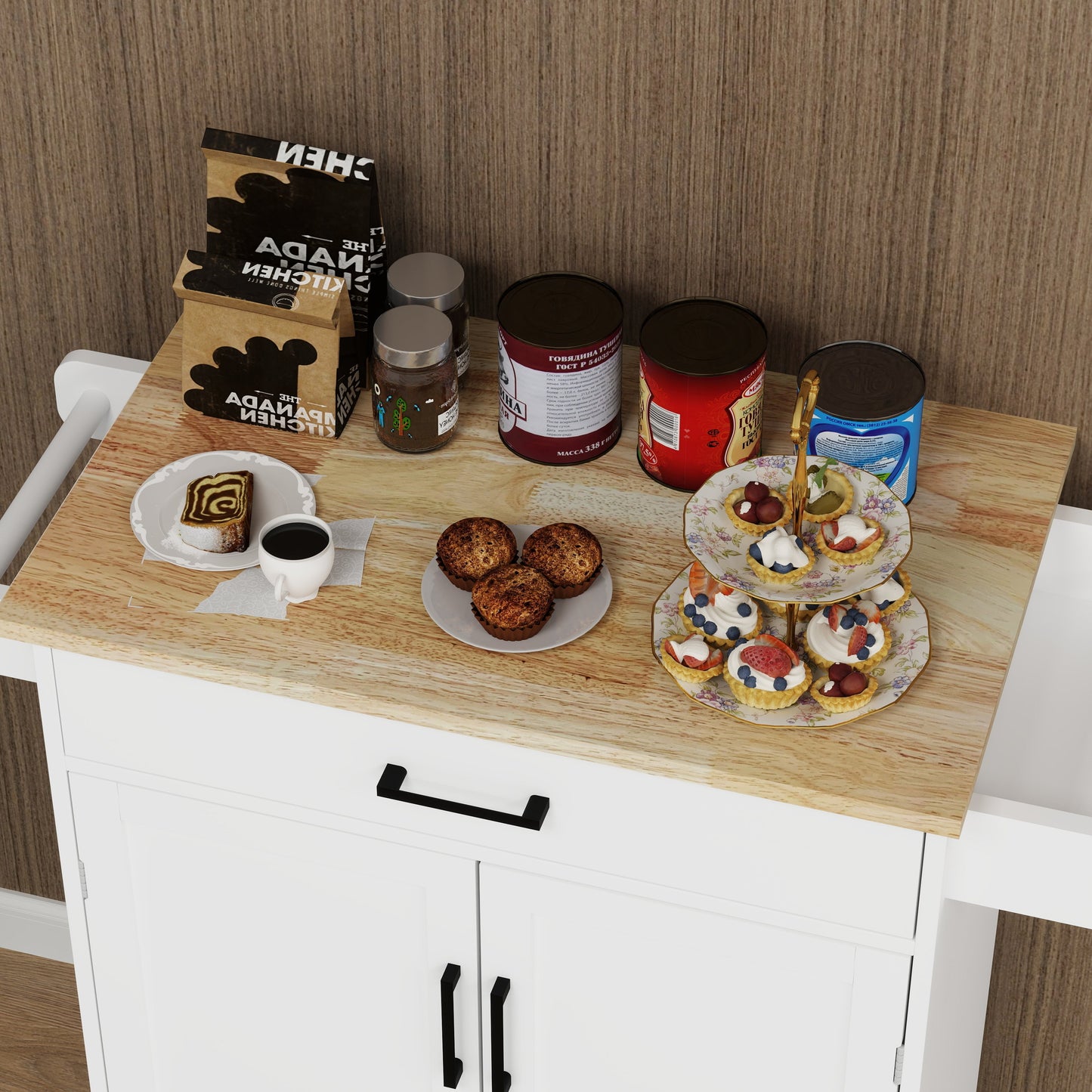 Kitchen island rolling trolley cart with 1 drawer & 2 doors with storage racks & Adjustable Shelves & towel rack