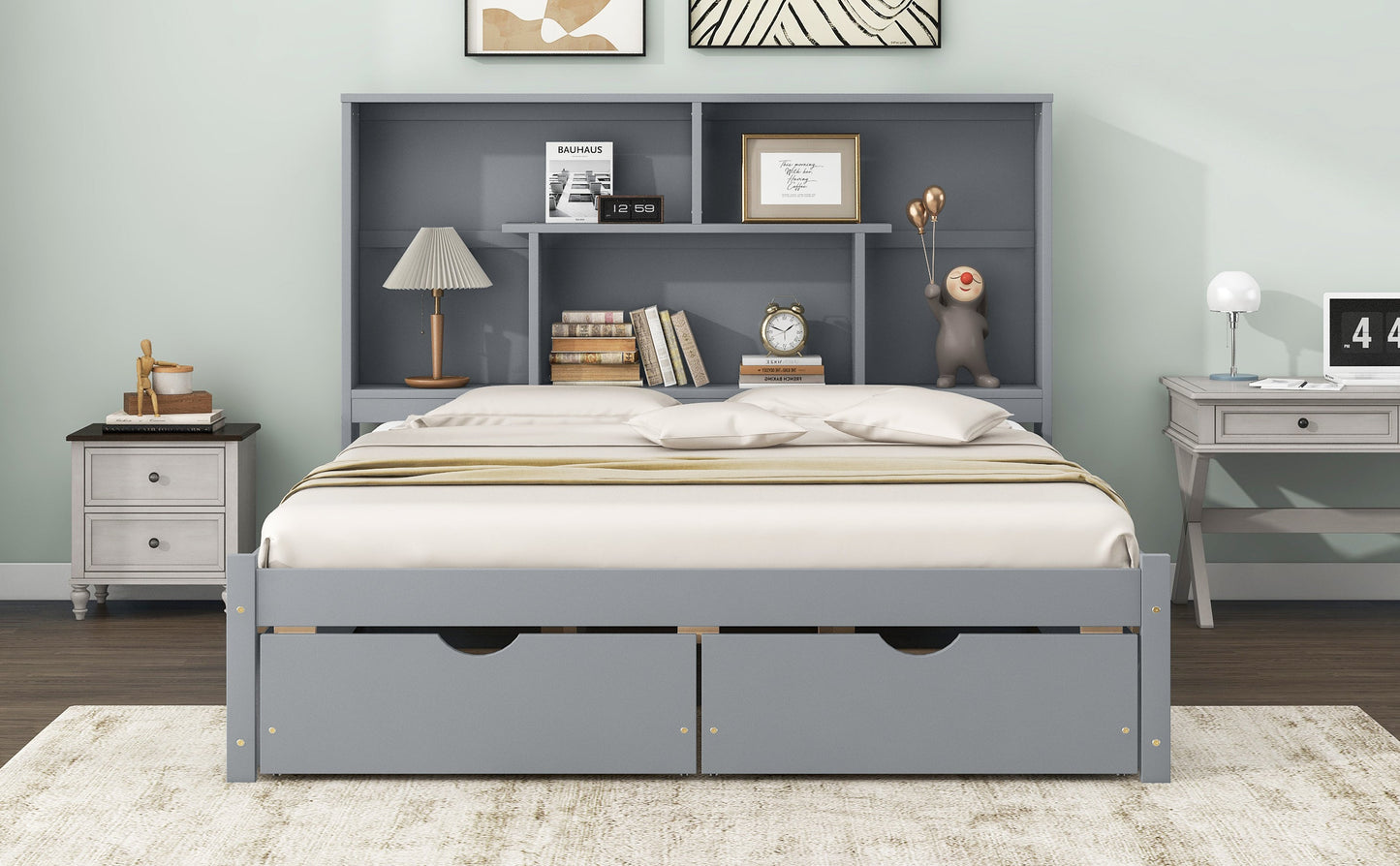 Queen Size Platform Bed with Storage Headboard and 2 Drawers, Gray