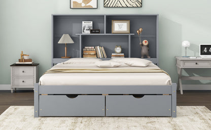 Queen Size Platform Bed with Storage Headboard and 2 Drawers, Gray