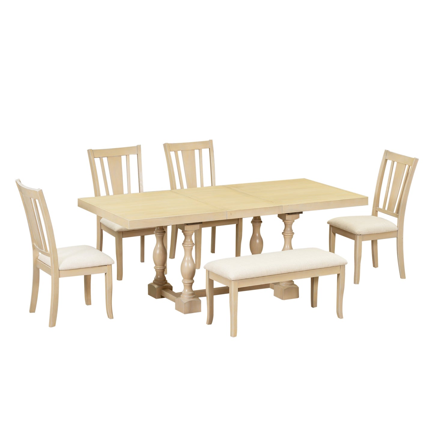Traditional 6-Piece 78inch Trestle Extendable Dining Table Set with One 18inch Removable Leaf Padded Dining Chairs Bench,Natural