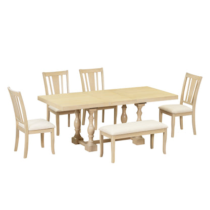 Traditional 6-Piece 78inch Trestle Extendable Dining Table Set with One 18inch Removable Leaf Padded Dining Chairs Bench,Natural