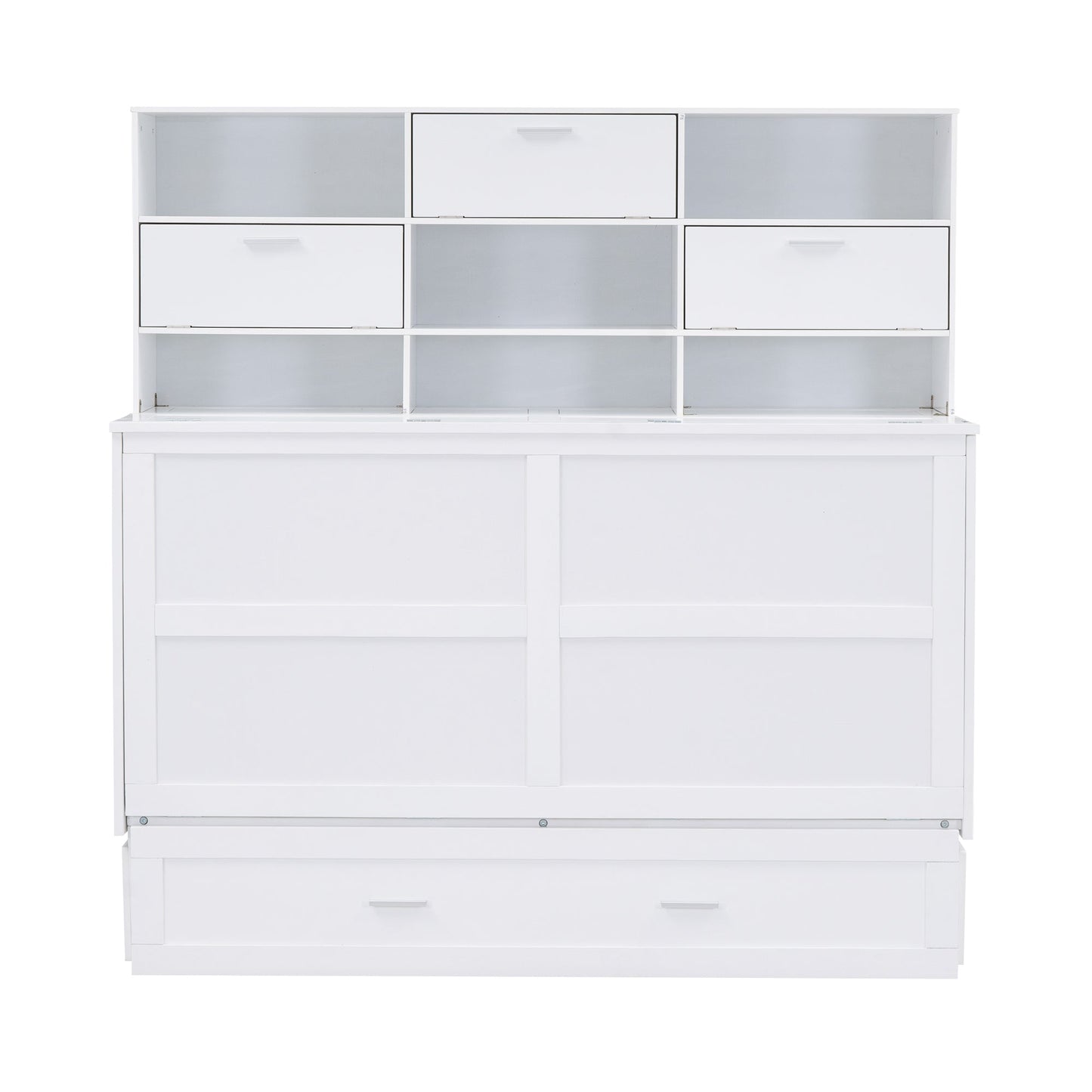 ueen Size Murphy Bed with Bookcase, Bedside Shelves and a Big Drawer, White