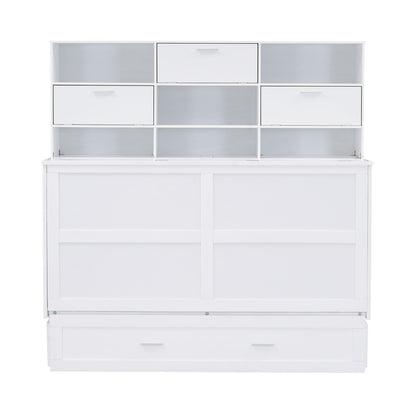ueen Size Murphy Bed with Bookcase, Bedside Shelves and a Big Drawer, White
