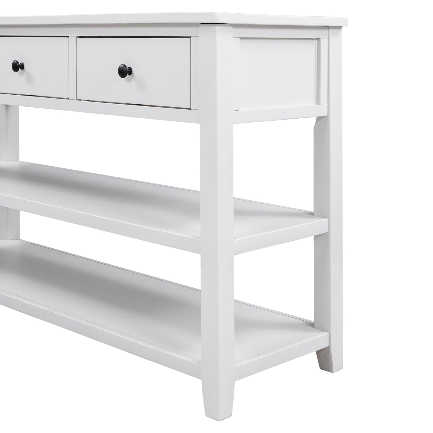 Retro Design Console Table with Two Open Shelves, Pine Solid Wood Frame and Legs for Living Room (Antique White)