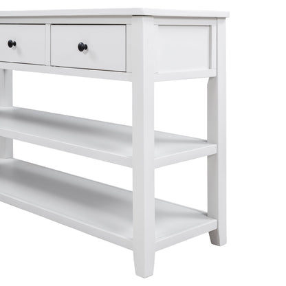 Retro Design Console Table with Two Open Shelves, Pine Solid Wood Frame and Legs for Living Room (Antique White)