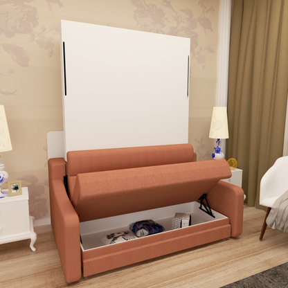 Full size Morden Deisgn vertical Murphy bed with sofa and drawers, white wall bed, space saving hidden bed with new gas pillars