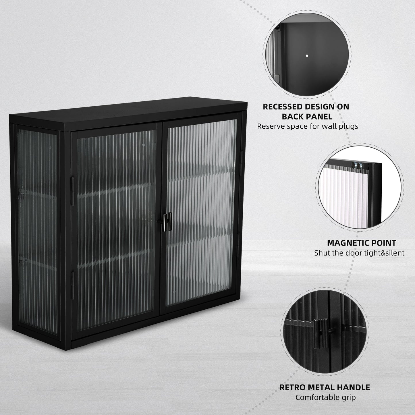 Retro Style Haze Double Glass Door Wall Cabinet With Detachable Shelves for Office Dining Room Living Room