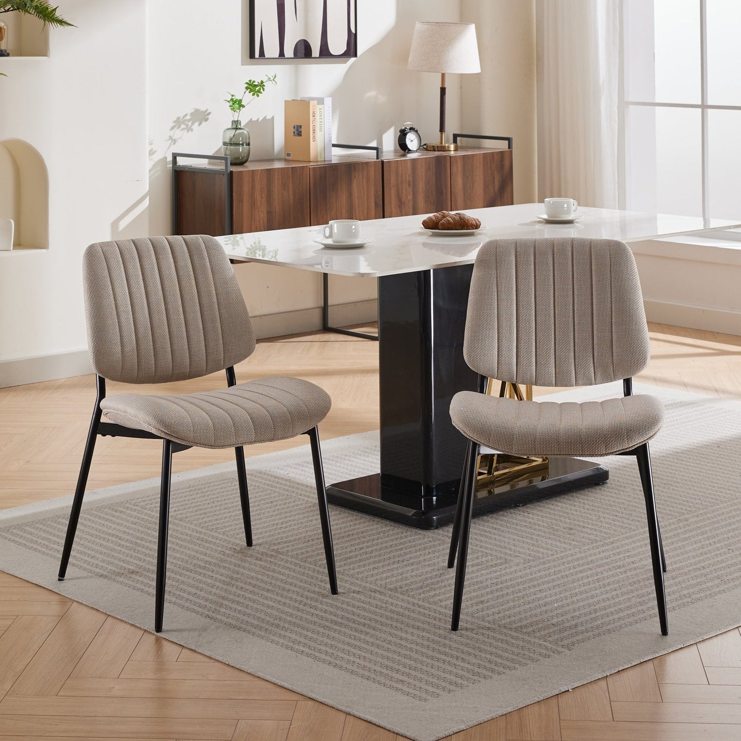 2-piece retro linen chair set with curved wooden backrest, cushioned seat, adjustable metal legs, (Beige Linen)