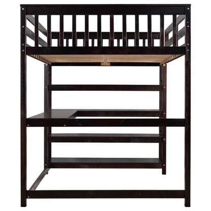 Full Size Loft Bed with Storage Shelves and Under-bed Desk  Espresso