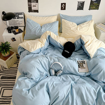 Washed Cotton Solid Color Double Spliced Four-Piece Bedding Set - Sheet, Quilt Cover, Pillowcases for Employee and Dormitory Use