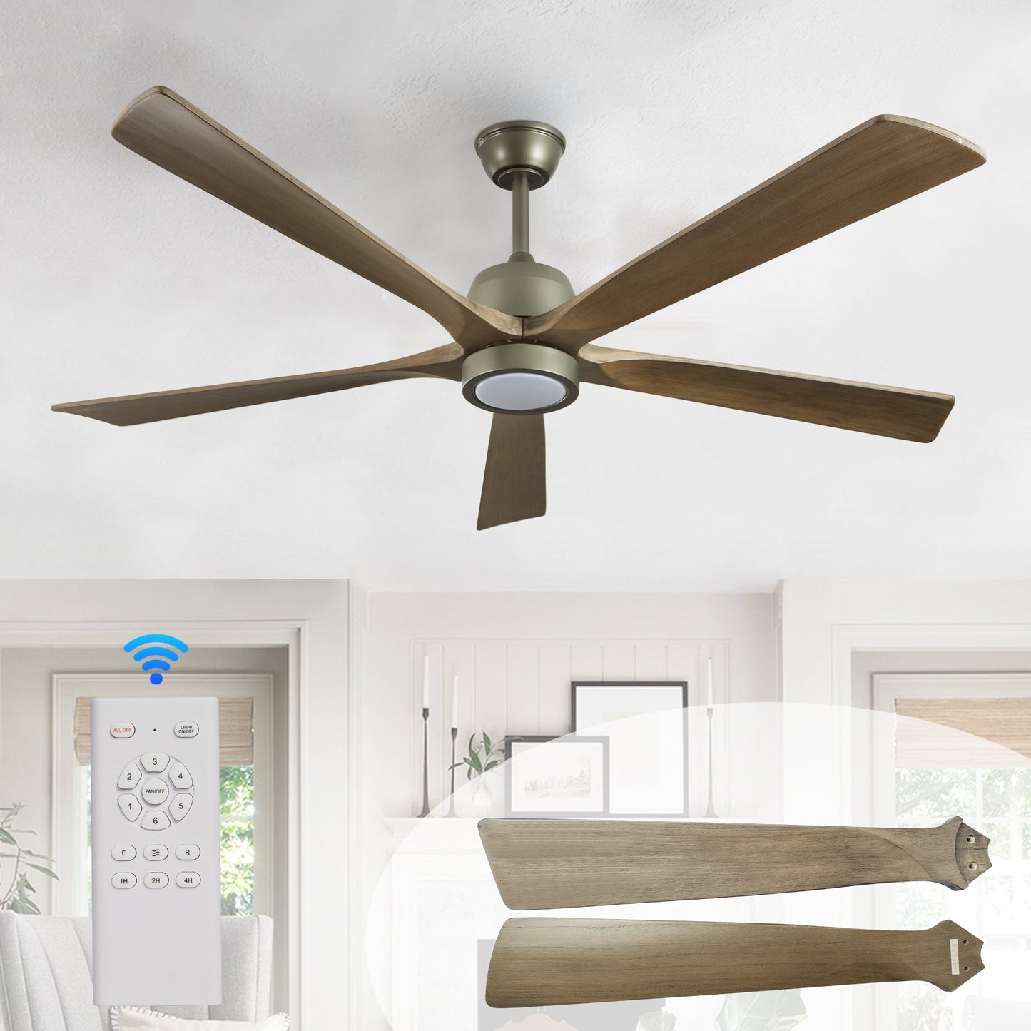 60 "modern wooden ceiling fan with lighting and remote control, 6-speed noiseless reversible DC motor ceiling fan