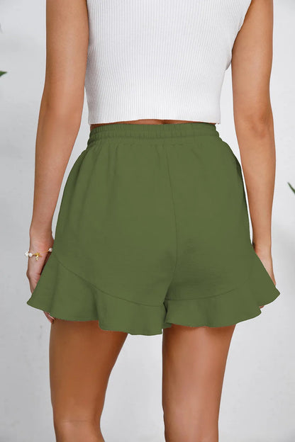 Women's cotton and linen shorts with ruffled edges and drawstring casual pants for women