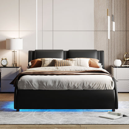 Queen Size Upholstered Faux Leather Platform Bed with LED Light Bed Frame with Slatted - Black