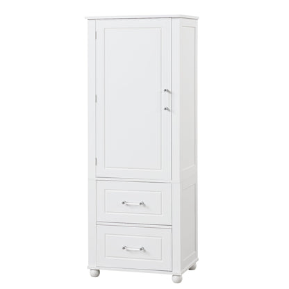 Tall bathroom storage cabinet with two drawers and adjustable shelves for independent storage