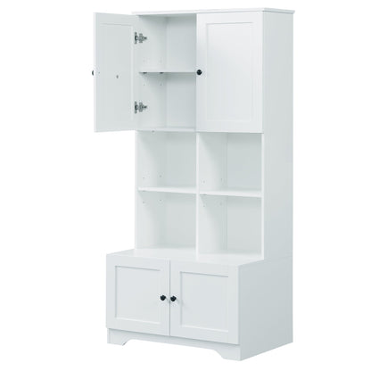 Bathroom storage cabinet, 4-door independent cabinet, adjustable shelf, open multi-layer shelf, white