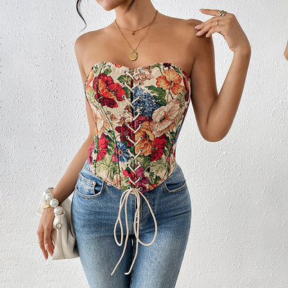 Retro strapless floral print slim fit new lace up chest hugging niche vest