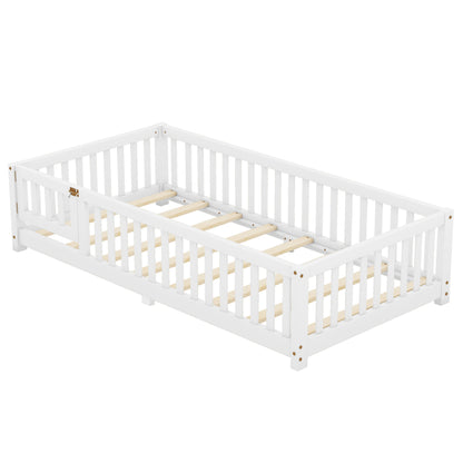 Twin Size Bed Floor Bed with Safety Guardrails and Door for Kids, White