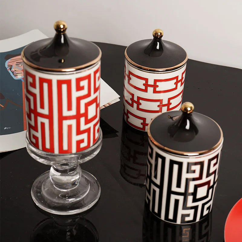 Gold Plated Stripe Ceramic Storage Jar Home Scented Candle Bottle Wedding Candy Gift Jar Cosmetic Jewelry Storage Bottle Decor