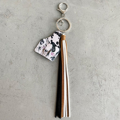 Handmade Popular Jewelry Western Farm Style Leather Keychain Cow Horse Deer Cow Brand Leather Tassels