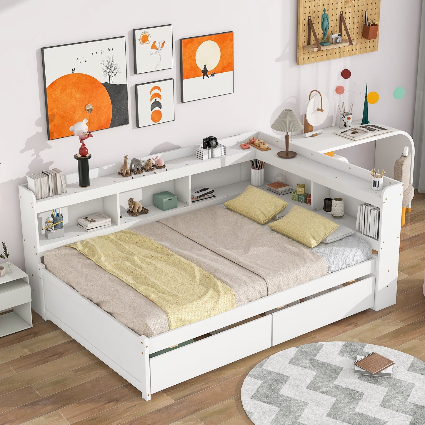 Full Bed with L-shaped Bookcases, Drawers ,White