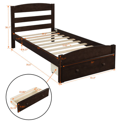 Platform Twin Bed Frame with Storage Drawer and Wood Slat Support No Box Spring Needed Espresso
