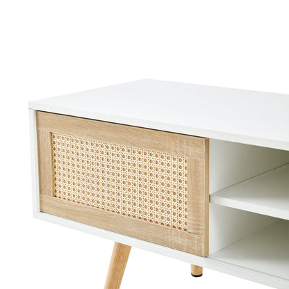 55.12" Rattan TV cabinet double sliding doors for storage adjustable shelf solid wood legs TV console for living room  White