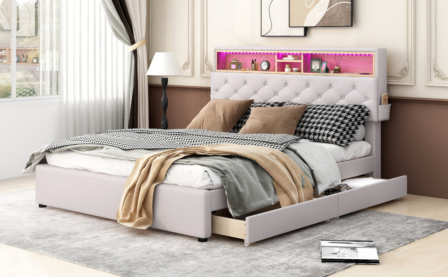 Queen Size Upholstered Platform Bed with Storage Headboard  LED  USB Charging and 2 Drawers  Beige