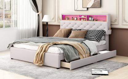 Queen Size Upholstered Platform Bed with Storage Headboard  LED  USB Charging and 2 Drawers  Beige