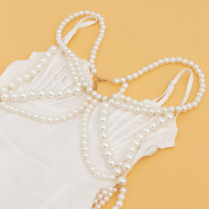 Sweet, cool and spicy girl imitates pearl hollow tassel ethnic windbreaker decoration chain, sexy nightclub style multi-layer body chain