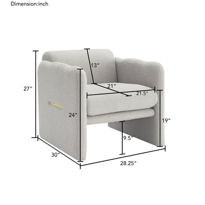 Armchair with wavy armrests, metal decorations on both sides of the armrests, made of Teddy cloth, light gray