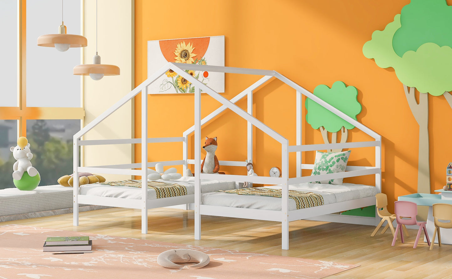 Double Twin Size Triangular House Beds with Built-in Table White