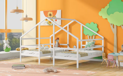 Double Twin Size Triangular House Beds with Built-in Table White