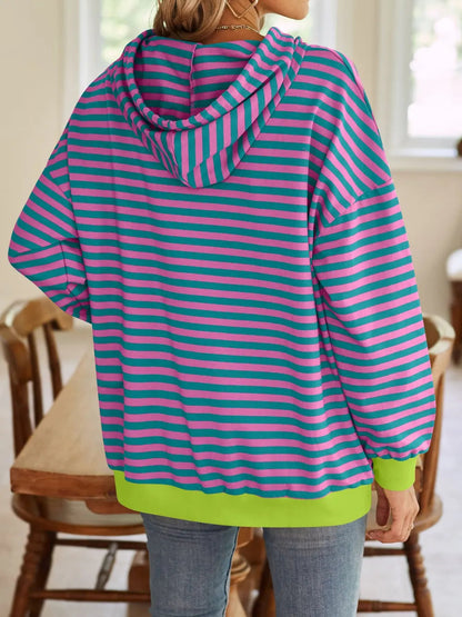 Loose casual striped hooded sweatshirt