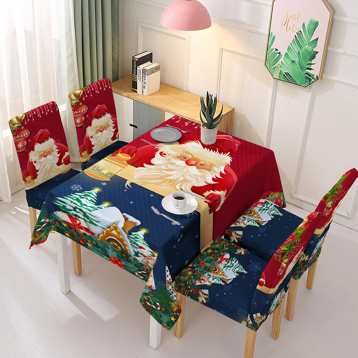 Christmas new polyester waterproof tablecloth one-piece printed chair cover festive decoration cartoon Santa Claus