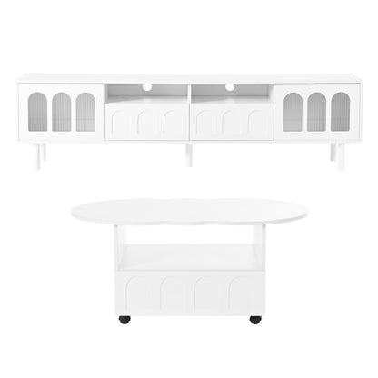 Two sets of ON-TRANS cream style TV stands and coffee tables, suitable for TVs under 80 inches, white