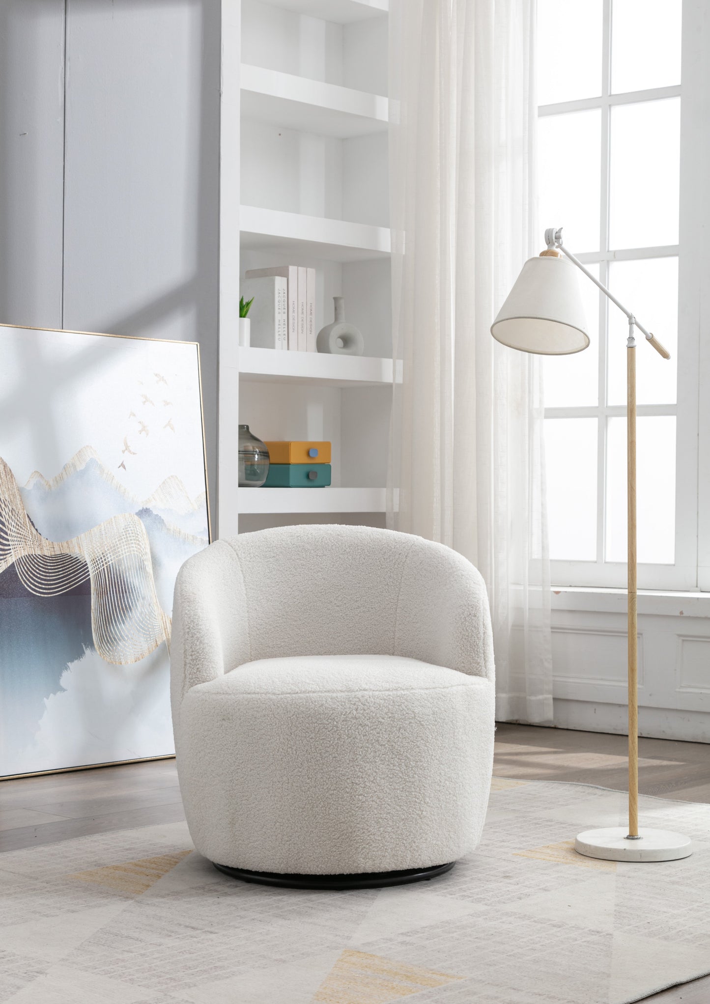 Teddy Fabric Swivel Accent Armchair Barrel Chair With Black Powder Coating Metal Ring Ivory White