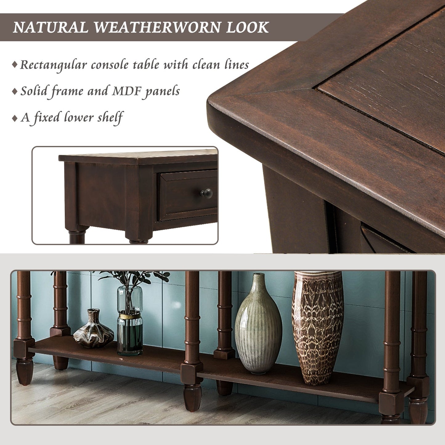 TREXM Console Table Sofa Table Easy Assembly with Two Storage Drawers and Bottom Shelf for Living Room Entryway (Espresso)
