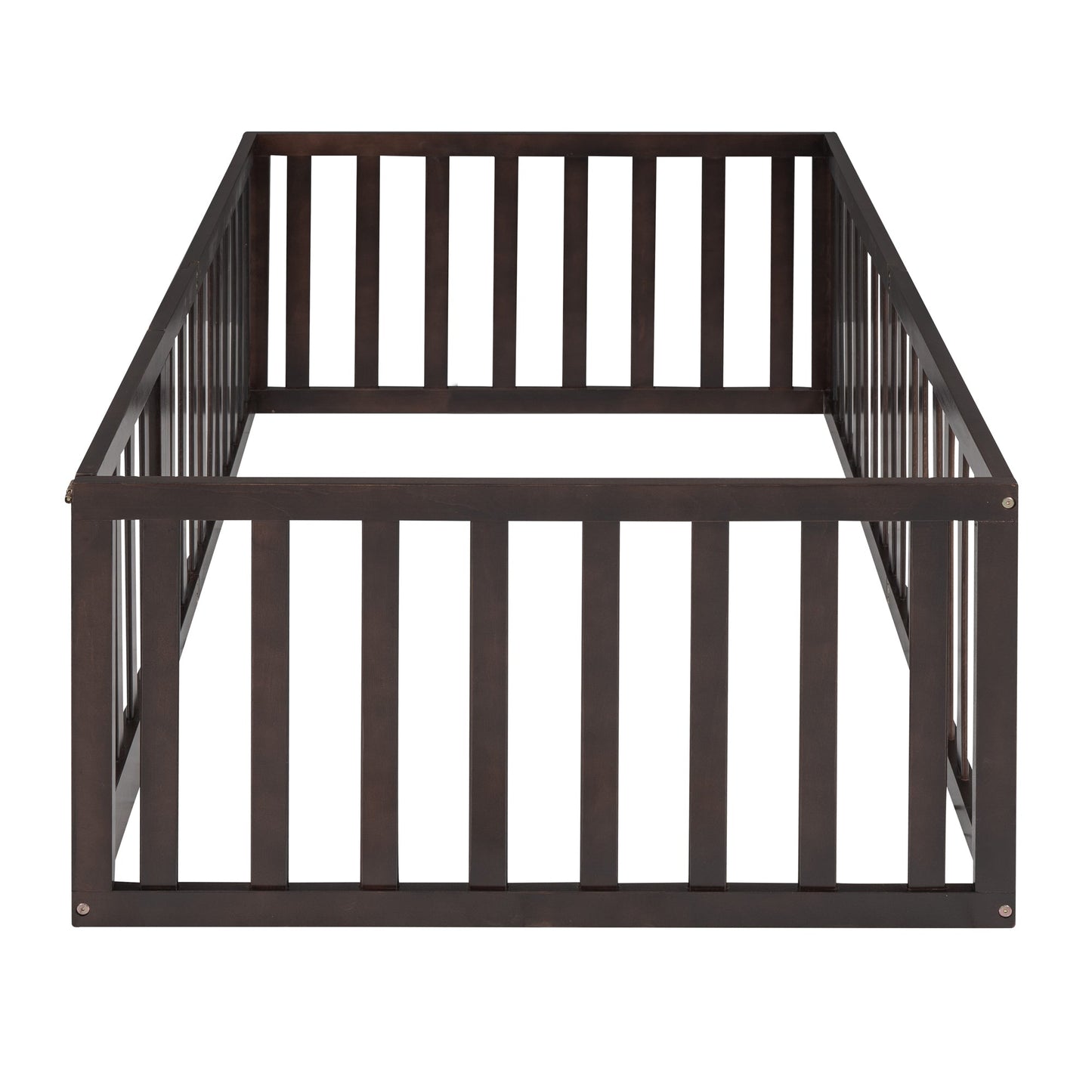 Twin Size Wood Floor Bed Frame with Fence and Door Walnut(OLD SKU :WF289661AAL)