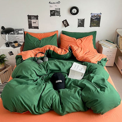Washed Cotton Solid Color Double Spliced Four-Piece Bedding Set - Sheet, Quilt Cover, Pillowcases for Employee and Dormitory Use