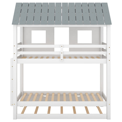 House Bunk Bed with Trundle,Roof and Windows White
