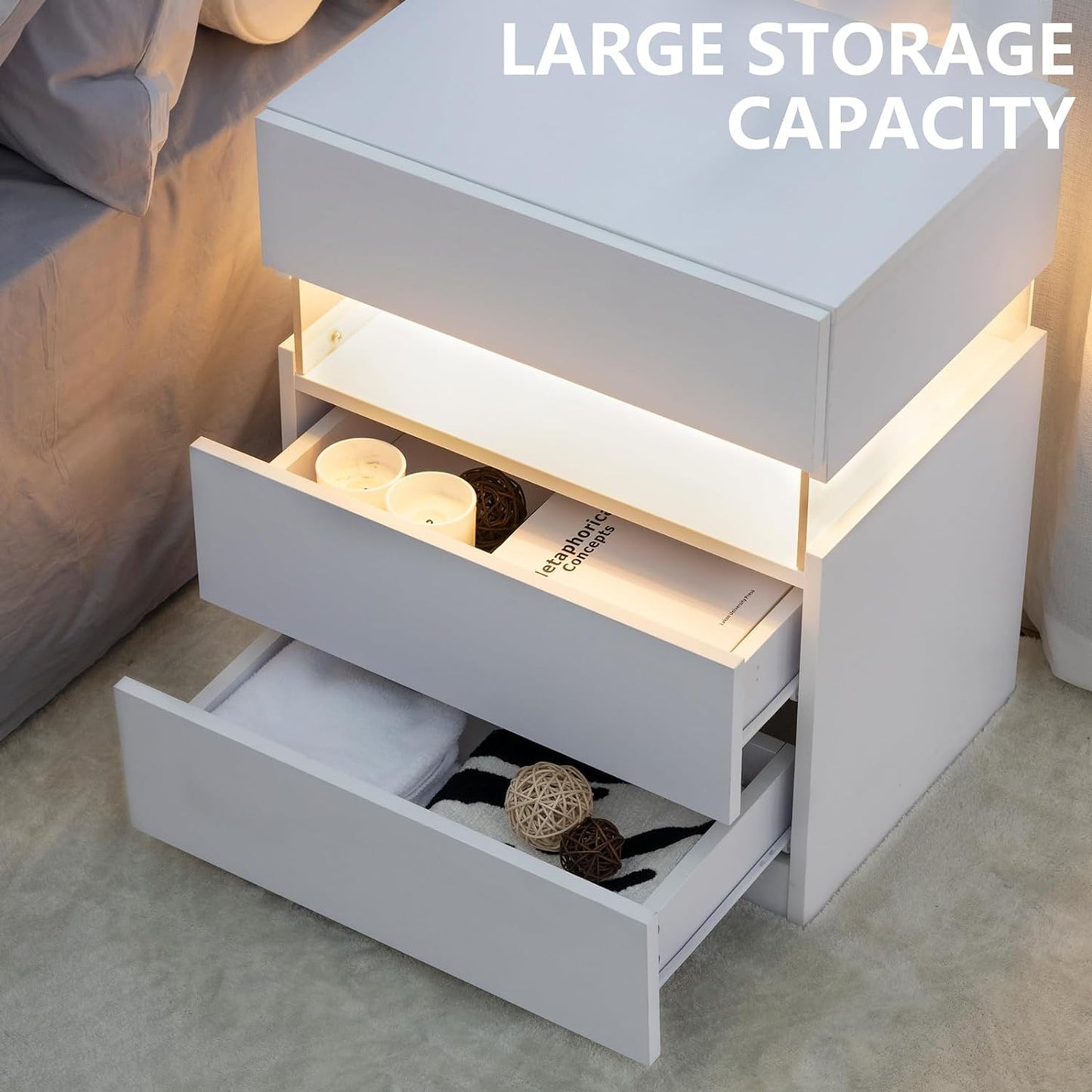 LED bedside table, bedroom, three drawers, dressing table, acrylic board, bedside furniture (white)