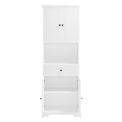 Tall Bathroom Cabinet with Four Doors, Large Storage Space Open Shelve, Upper Storage Cabinet, Whit